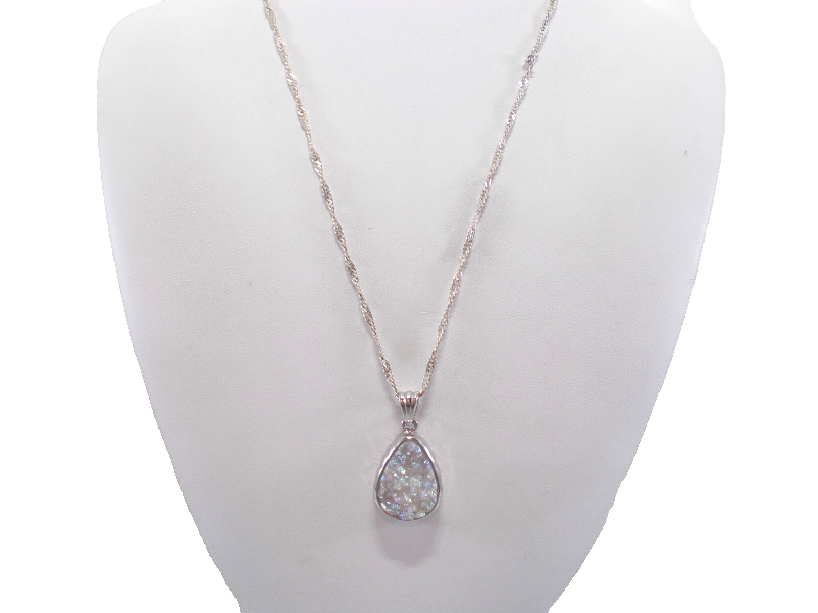 White Druzy Quartz Crystal Silver Tone Pendant Necklace Free Shipping