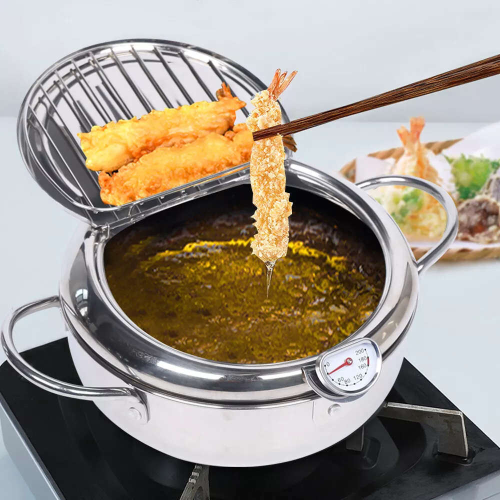 Kitchen deep frying pot with lid and thermometer non stick tempura