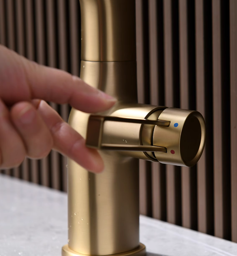 Pull Out Bathroom Basin Mixer Faucet Lavatory Brass Brushed Gold