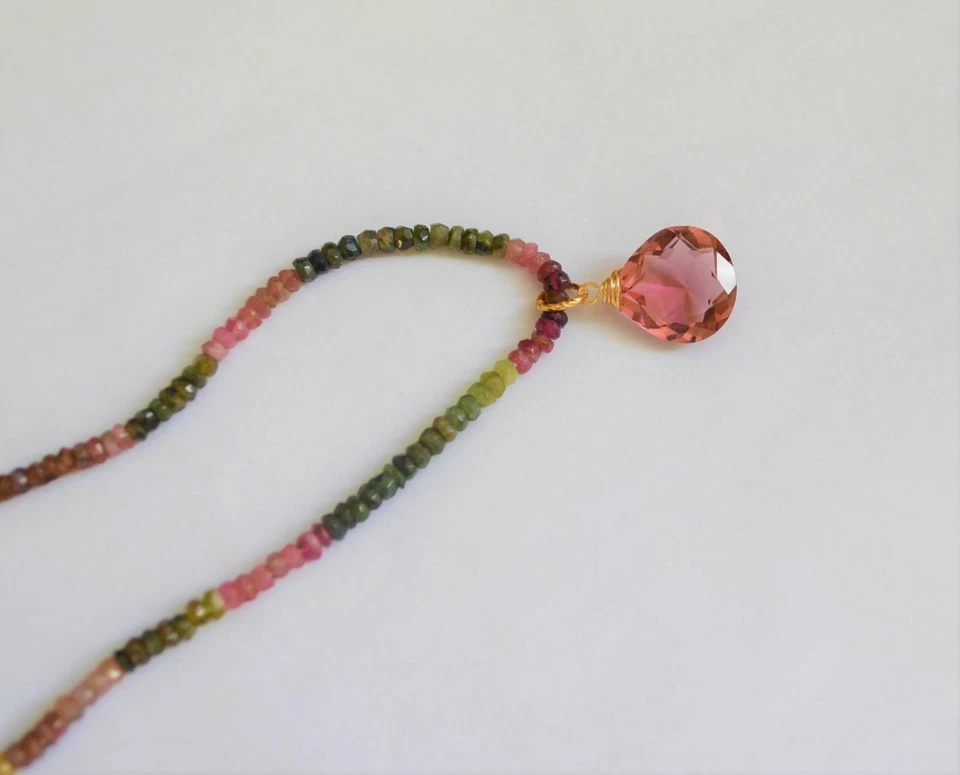 Beautiful Faceted Natural Multi Color Pink Tourmaline Yellow Gold Necklace  - Image 4 of 4