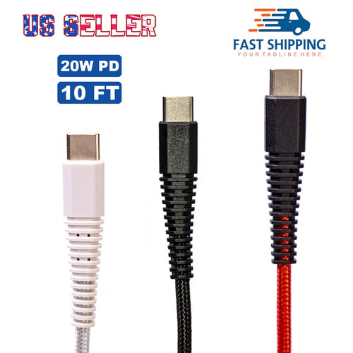 2-Pack 10Ft USB-C to USB-C Cable 20WType-C Cable Fast Charger Charging Data Sync - Picture 1 of 10