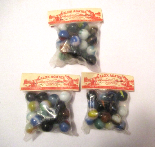 3 NOS VINTAGE ALOX AGATES GLASS MARBLE PACKS ~ C@@L COLORS HERE ~ 18 PER PACKAGE