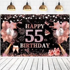 Happy 55th Birthday Banner, Rose Gold Sparkling Backdrop, 71x43 inch, Polyest...