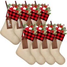 8 Pieces 16 Inches Burlap Christmas Stocking with Wooden Name Tags Large Fire...