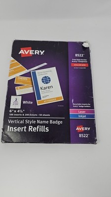 Avery 8522 Insert Refills Vertical Name Badges 4 1/4''x6'' 100 inserts 200 tickets