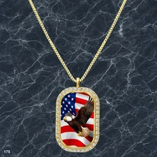 Amazing USA American Flag Pendant Necklace Printed Design Timeless Gold Tone Kee