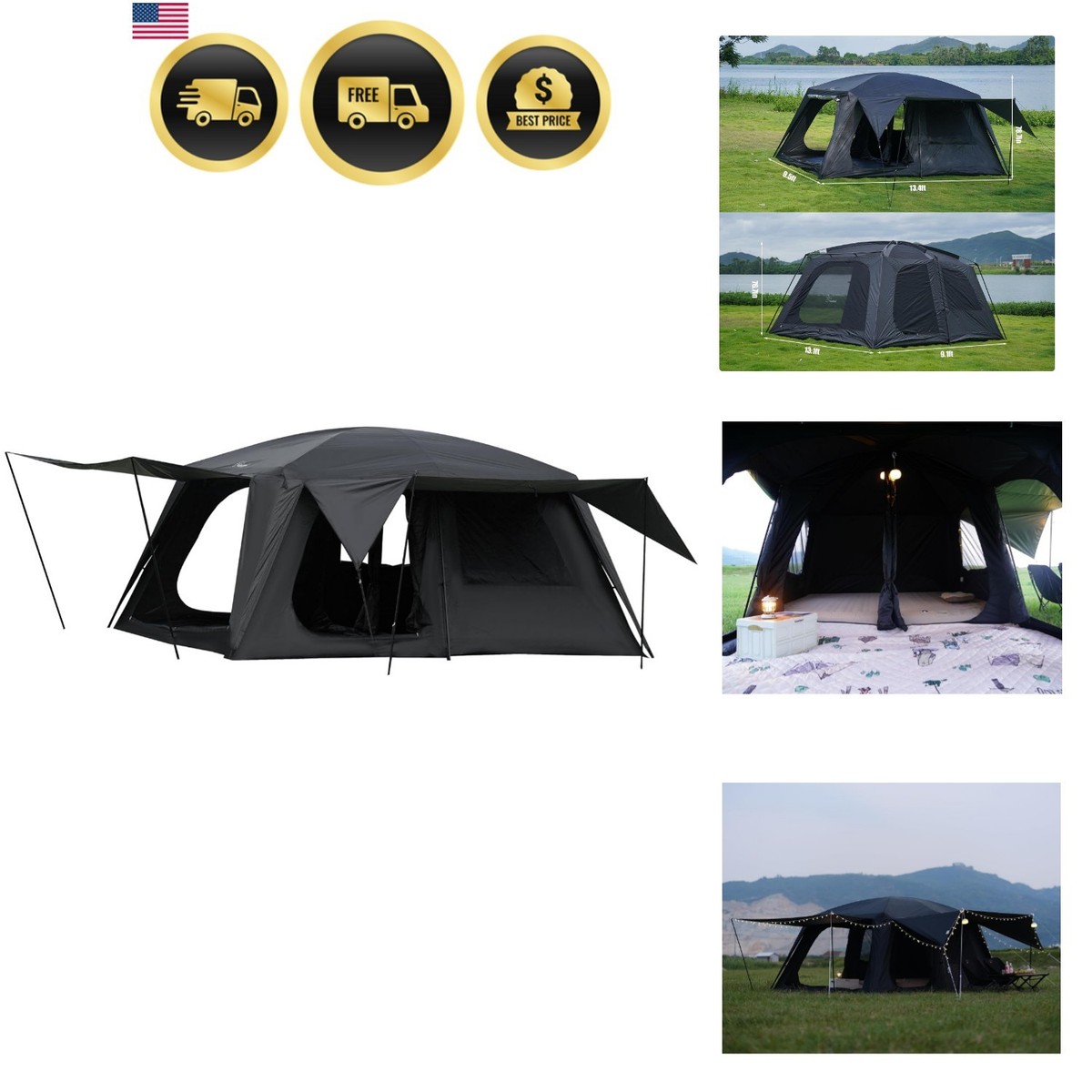 Large Family Camping Tent Waterproof 8-10 Person With 3 Doors and