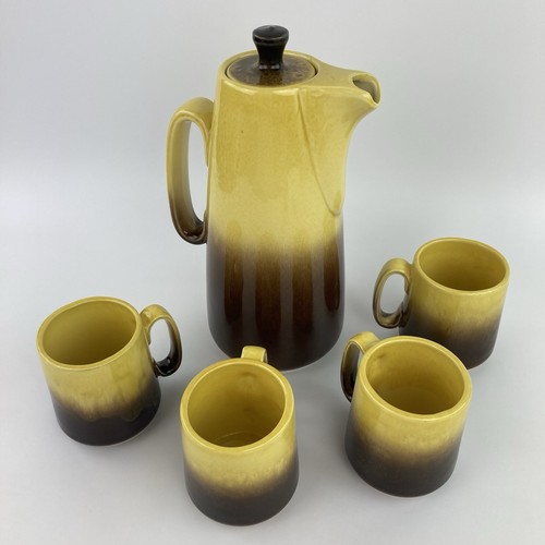 Hull Pottery Coffee Pot and 4 Mugs Yellow-Brown Drip Glaze Set No. 32, No. 33 - Picture 2 of 14