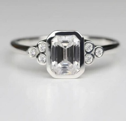 Emerald Simulated Diamond Bezel Set Wedding Band Ring In 14k White Gold Plated - Picture 5 of 5
