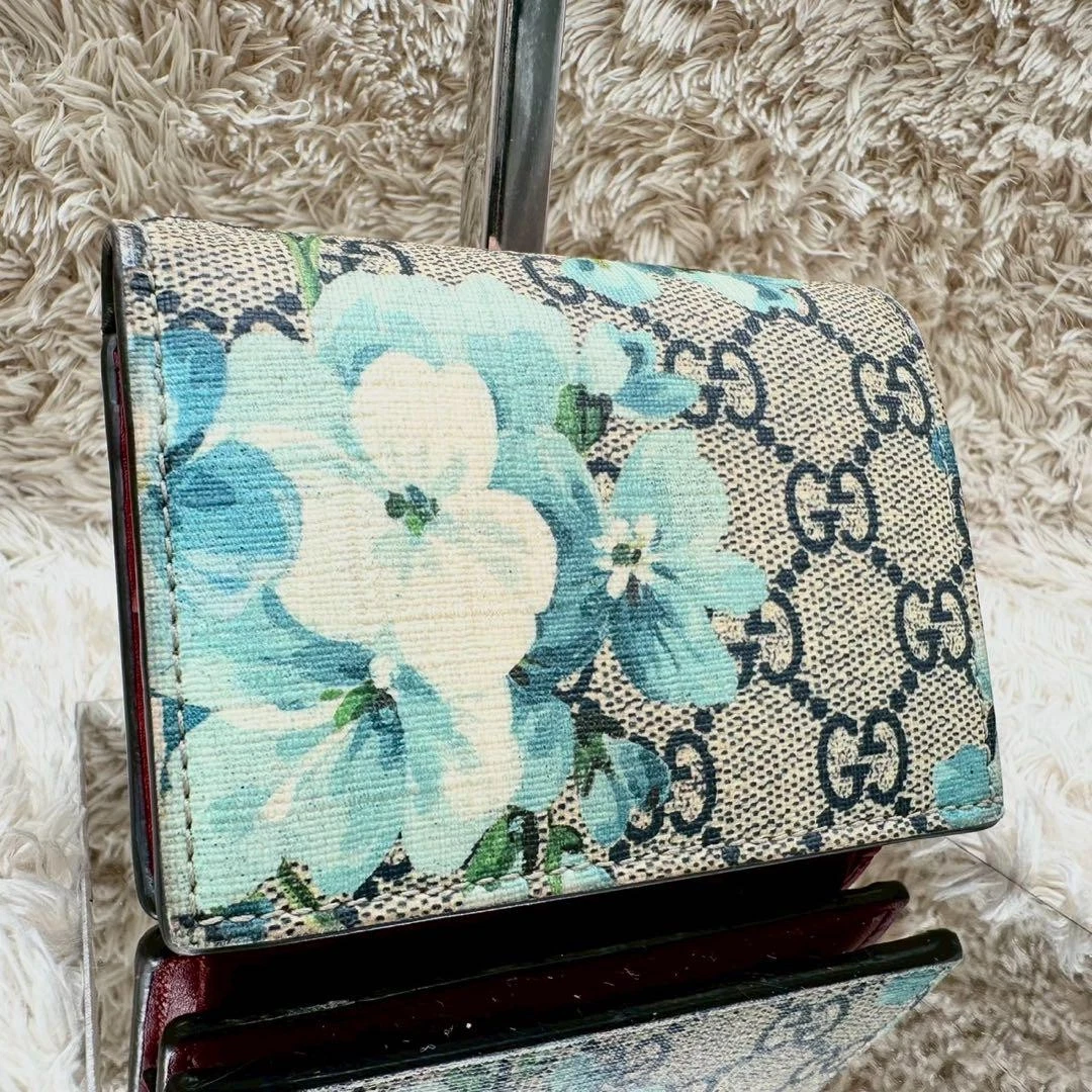 Gucci Portefeuille Bi Pliable Beige Bleu Clair Fleurs Suprême Occasion Excellent+ Japon