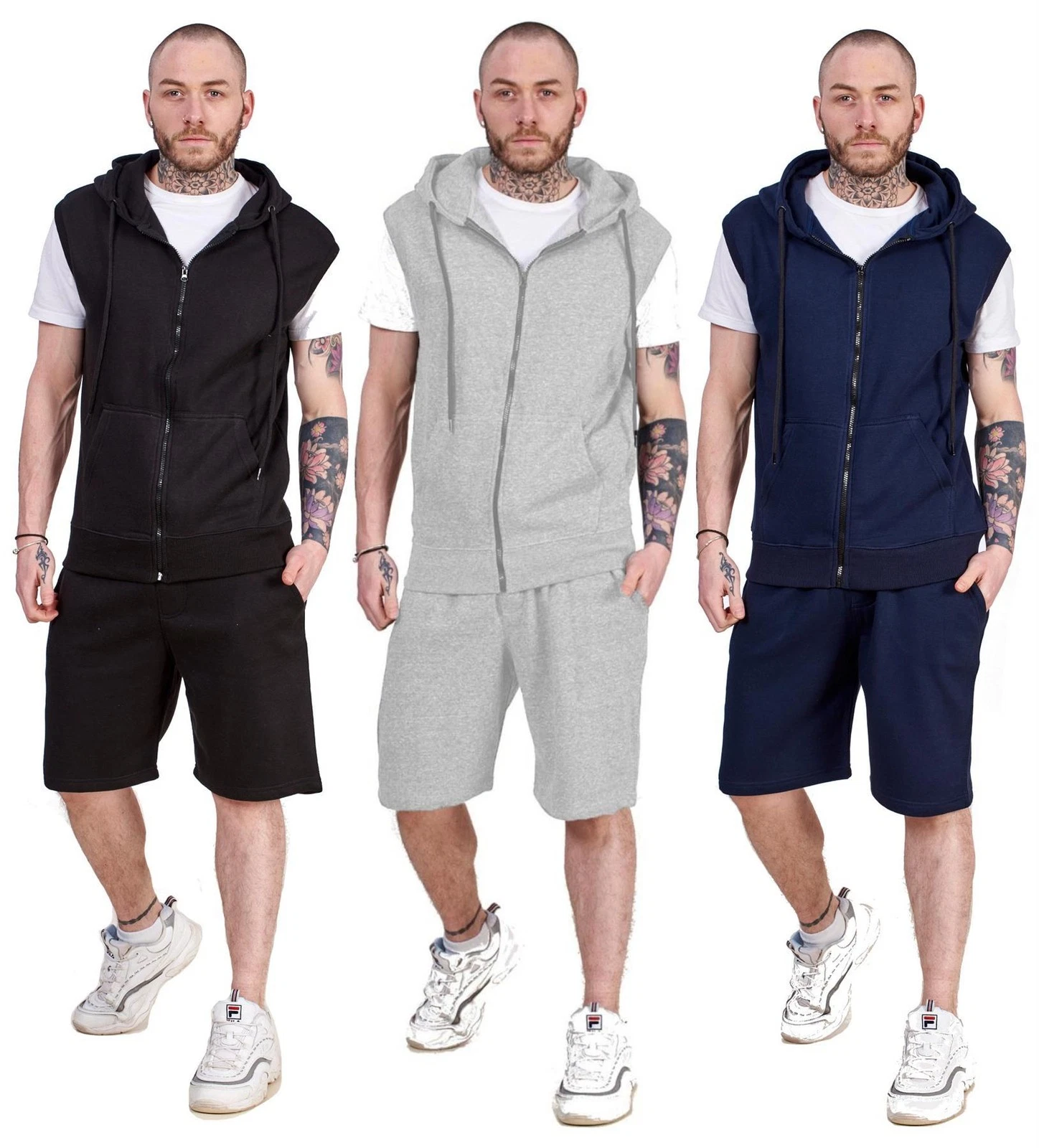 Mens Hoodie & Short Tracksuit Set Sleeveless Zipper Pockets Casual Tops S to XXL