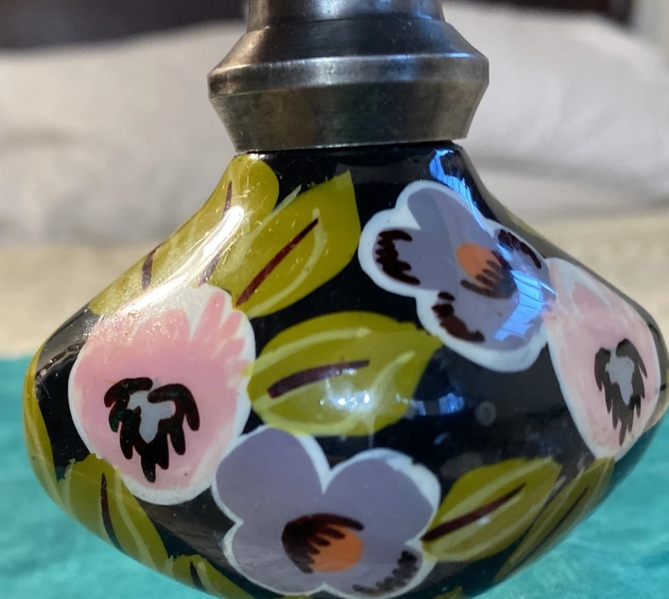 Pair Of Vintage Handpainted Floral Design Door Knobs W/ Backplates Nickel Hware - Image 4 of 4