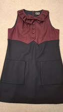 HOBBS NW3 NAVY & BURGUNDY BOW & FRILL TRIM SILK TOP & WOOL SHIFT DRESS SIZE 14