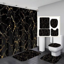 4Pcs Shower Curtain Sets Black and Gold Marble Bathroom Sets with Shower Curt...