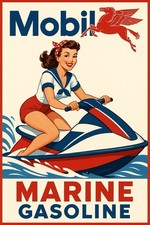 Hi Gloss! Mobil Marine  Gasoline With Pinup Girl Vintage Style Metal Sign