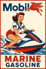 Hi Gloss! Mobil Marine  Gasoline With Pinup Girl Vintage Style Metal Sign