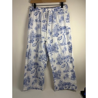 Cynthia Rowley Embroidered Sailboat City Palm Tree Wide Leg Pants Nautical Large