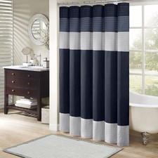 Navy Modern Shower Curtain 72x72 Faux Silk Stripe Microfiber Bath Decor