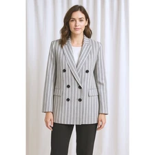 H&M Blazer 6 Gray White Striped Double Breasted Business Casual Academia 84-38