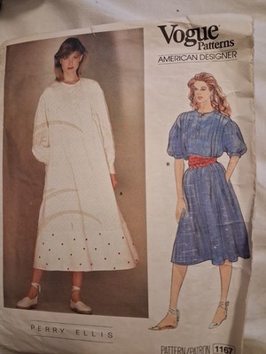 UNCUT Perry Ellis Vogue Pattern 1267 Vintage 1980s Prairie Style Dress Designer