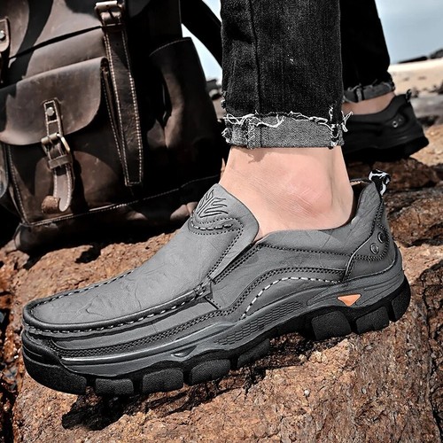 Genuine Leather Platform Loafers Men Outdoor Non-slip Slip on Flat Hiking Shoes - Picture 15 of 20