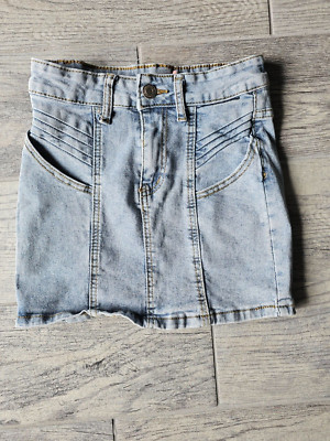 Girl's Celebrity ace denim jeans short skirt size 8 blue zip up fly with button