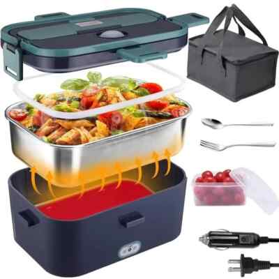Nulmvic Gamelle Chauffante Électrique 75W: 1,5L Lunch Box Chauffante Électrique 12V/ 24V/ 220V Boîte Chauffante Repas 304 Acier Inoxydable Pour Voiture Camion Bureau Travail (Bleu
