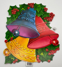 Vintage NOS Cardboard Die Cut Holly, Berries Bells 14.5" x 12.5"