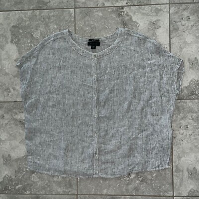 Tahari Linen Button Top Round Neck Short Sleeve Lagenlook Oversized Boxy Gray M