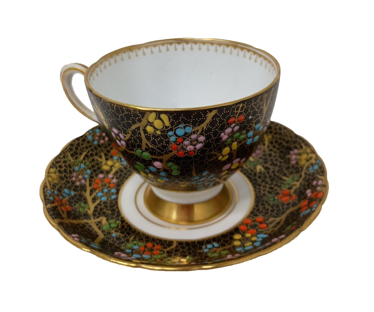 Vintage Tuscan English Bone China Tea Cup & Saucer Gold Accent Floral Colorful