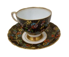 Vintage Tuscan English Bone China Tea Cup & Saucer Gold Accent Floral Colorful