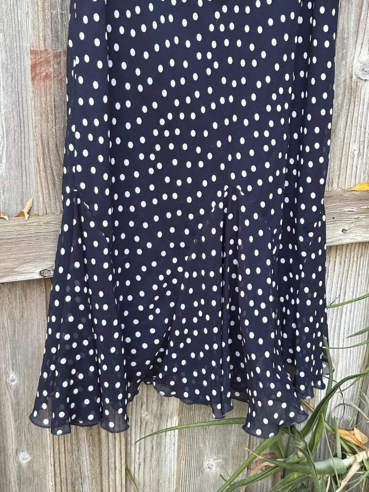 Chadwick’s Maxi Skirt Petite 14 Navy Blue White Polka Dots Lined Semi Sheer - Image 3 of 4