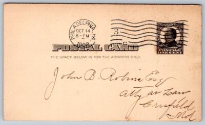 1908 WILLIAM S. FURST PHILADELPHIA PA to ROBINS CRISFIELD MD POSTAL CARD