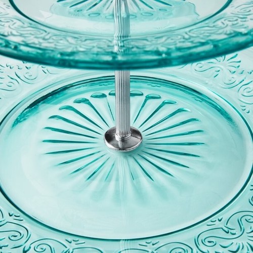 Pioneer Woman 2 Tiered Dessert Server Cassie Embossed Glass Teal or Clear U Pick - Picture 8 of 24