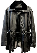 SUB ZERO LEATHER COAT L BLACK HEAVY JACKET BELT ZIPPER FAUX FUR PREOWN USPSGA