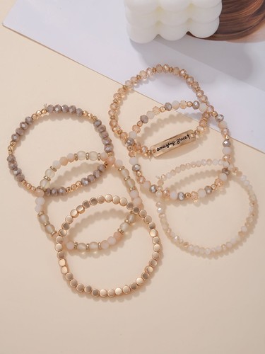 6pcs/set Champagne Gold-tone Beaded Bracelet Fashion Jewelry Accessories for - Picture 4 of 7