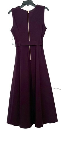 CALVIN KLEIN S/LESS FIT&FLARE, BELTED MIDI DRESS, AUBERGINE, SIZE 10 NWT - Picture 3 of 9