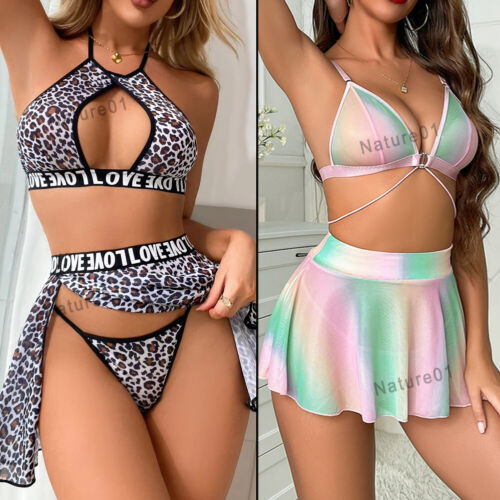 Sexy Pajamas Women V-Neck Lingerie Nightwear See Thru Strap Sleepwear Mini Dress
