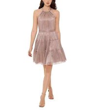 XSCAPE Women's Pink Metallic Tiered-Skirt Dress - 4 - Pink