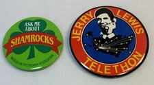 Lot of 2 Jerry Lewis Telethon Pin Back Button MDA Shamrocks Muscular Dystrophy