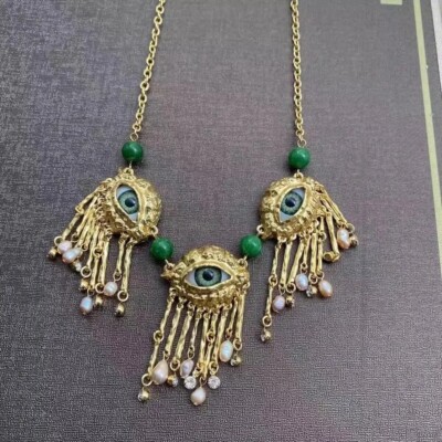  Evil  Eyes X 3 Earrings   24Inch Unisex  Schiaparelli Inspired Gold Necklace