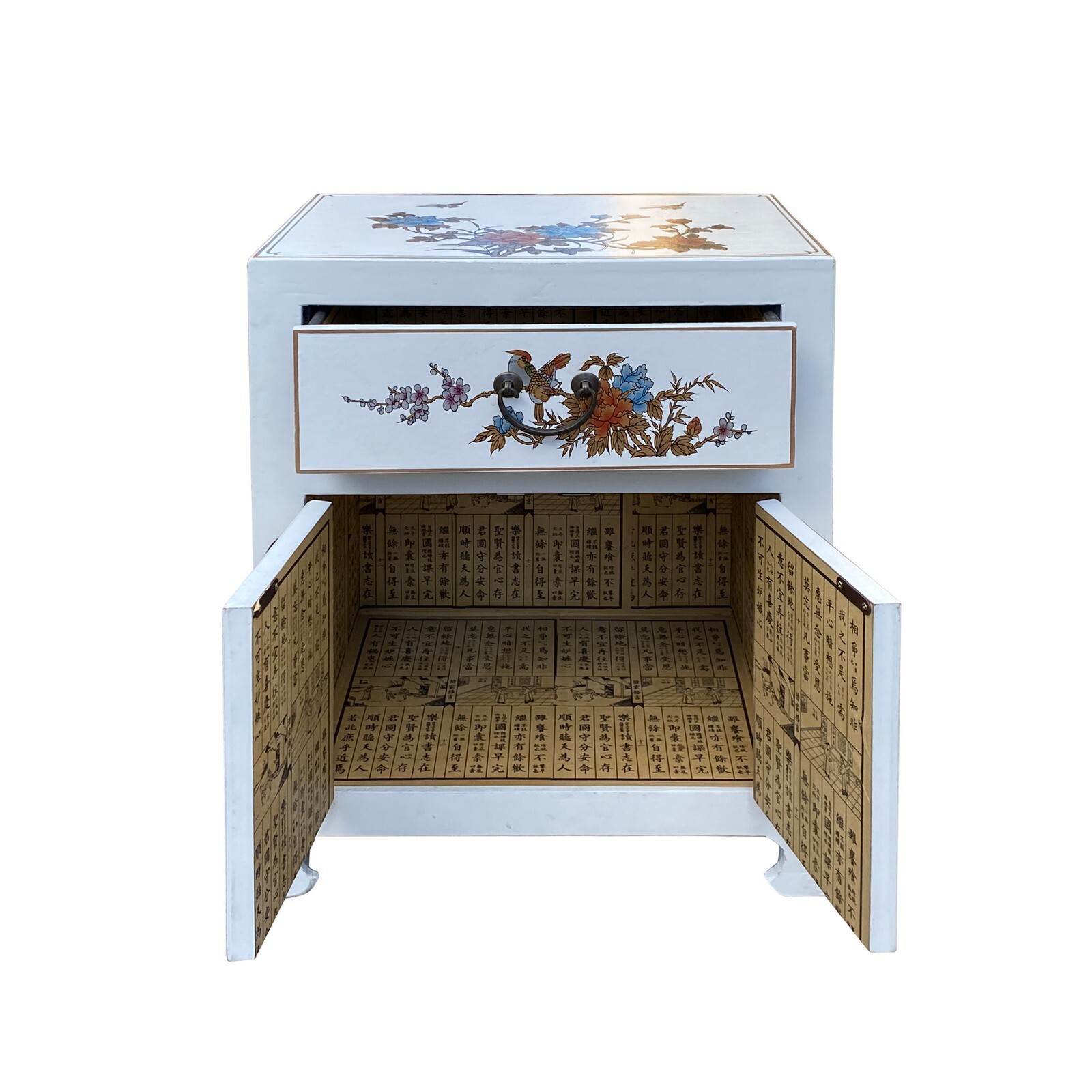 Chinese Off White Vinyl Moon Face Flower Bird End Table Nightstand cs7549