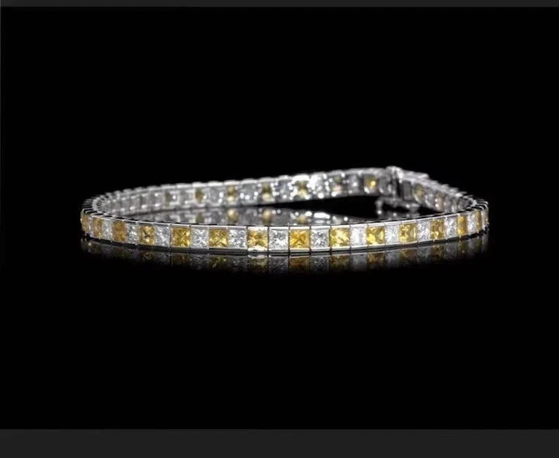 Brazalete Tenis Diamante Zafiro Princesa Creado en Laboratorio 14K Wh Chapado en Oro 7.5" Foto 2 de 4