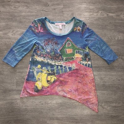 Leoma Lovegrove Women s Size XS Colorful Asymmetrical Bike Art Top 3/4 Sleeve