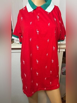Galaxy By Harvic Flamingo Print Polo Shirt Red Green White NWT Size Small