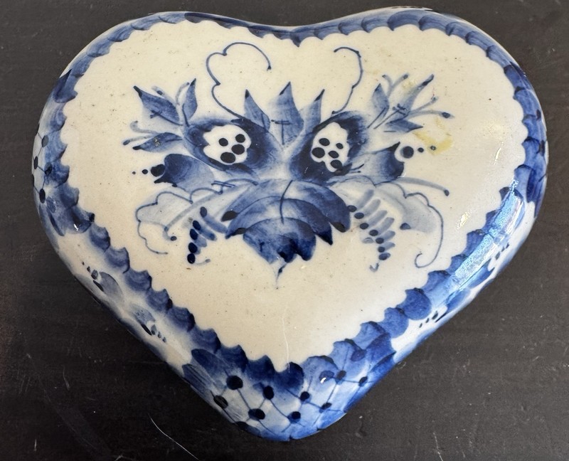 Blue Floral Porcelain Heart Shaped Trinket Box Antique Cottage Core Country Cozy