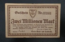Germany 1923 Banknote Spar- und Leihkasse Kiel , 2 Millionen Mark, VF