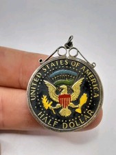 Old Vintage Enamelled USA 1967 Half Dollar Coin - Sterling 925 Silver Pendant