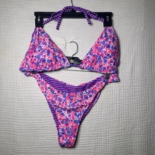 2-piece Vibrant Floral Stripe Reversible Triangle Halter Bikini Bathing Suit-XL