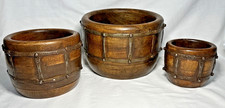 Set of 3 Stacking Wood Bowls Metal Bands Accents India Carved Heavy Rustic Pot